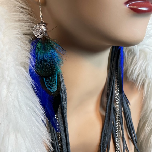 Hand Crafted Jewelry - HAND CRAFTED Long Gray Leather Blue Feather Fringe Charm Dangling Earrings